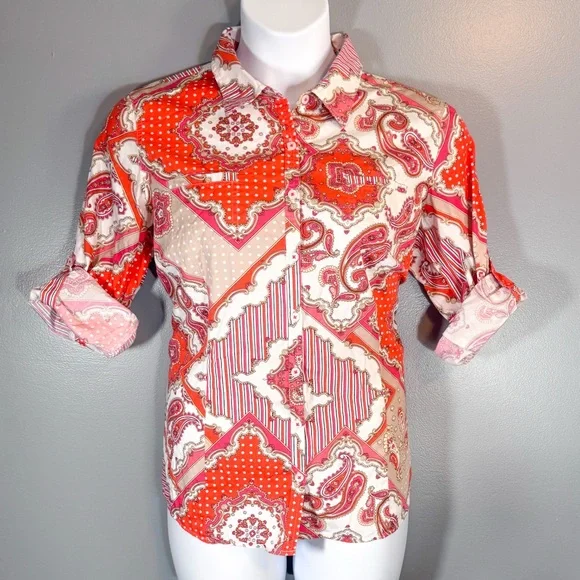 Van Heusen Patchwork Paisley Button Front Shirt XL Red Pink Cotton - Picture 8 of 14
